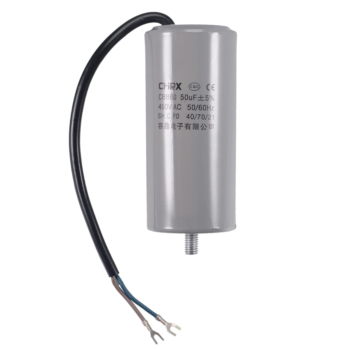 CBB60 Run Capacitor 50uF 450V AC 2 Wires 50/60Hz Cylinder 111x50mm with Terminal, M8 Fixing Stud for Air Compressor Water Pump Motor
