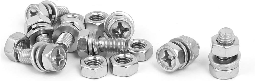 M6 x 14mm 304 Stainless Steel Phillips Hex Head Bolts Nuts w Washers 8 Sets