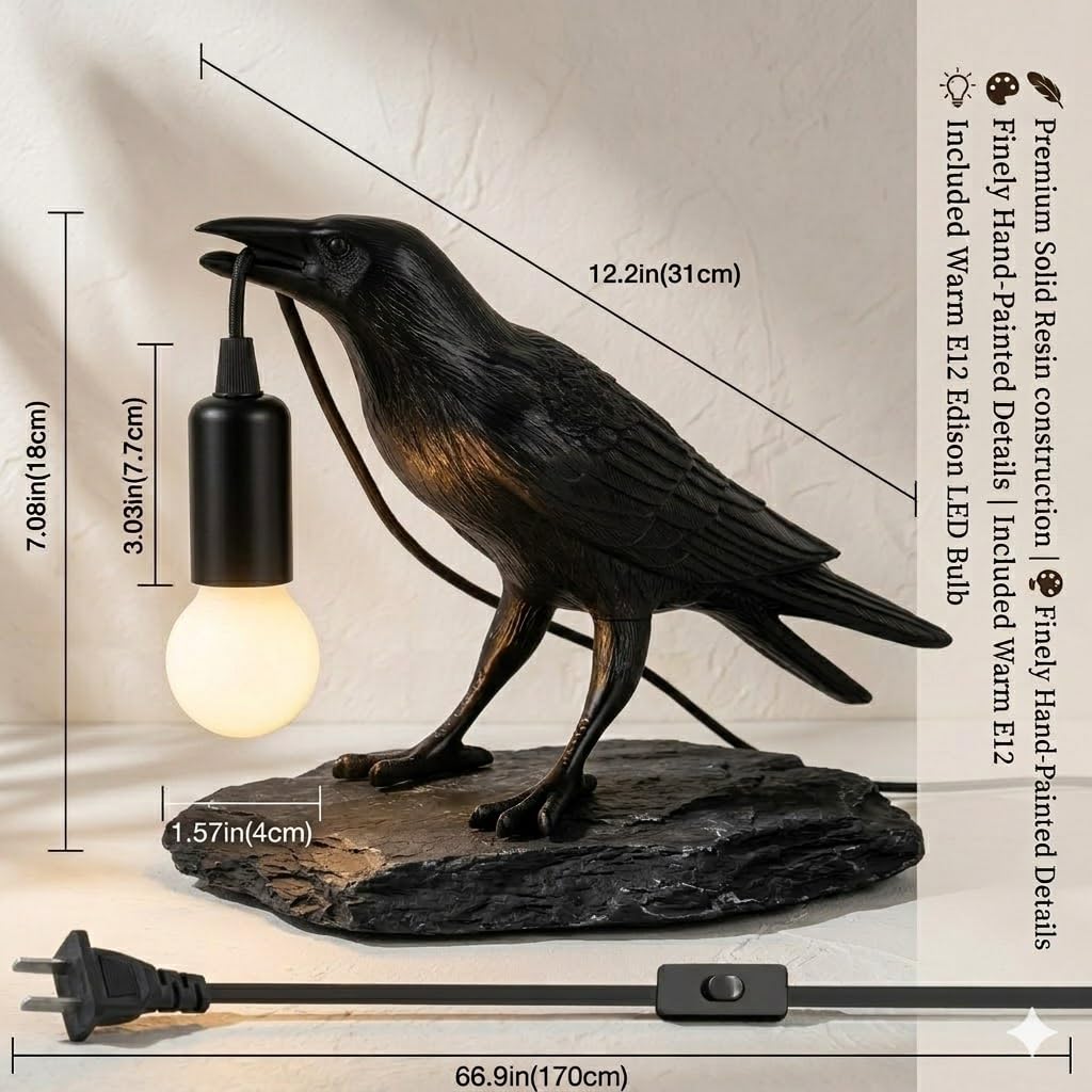 LinkMejor Raven Lamp Decor Gótico, Lâmpada de Mesa Corvo Preto com Bulb LED E12