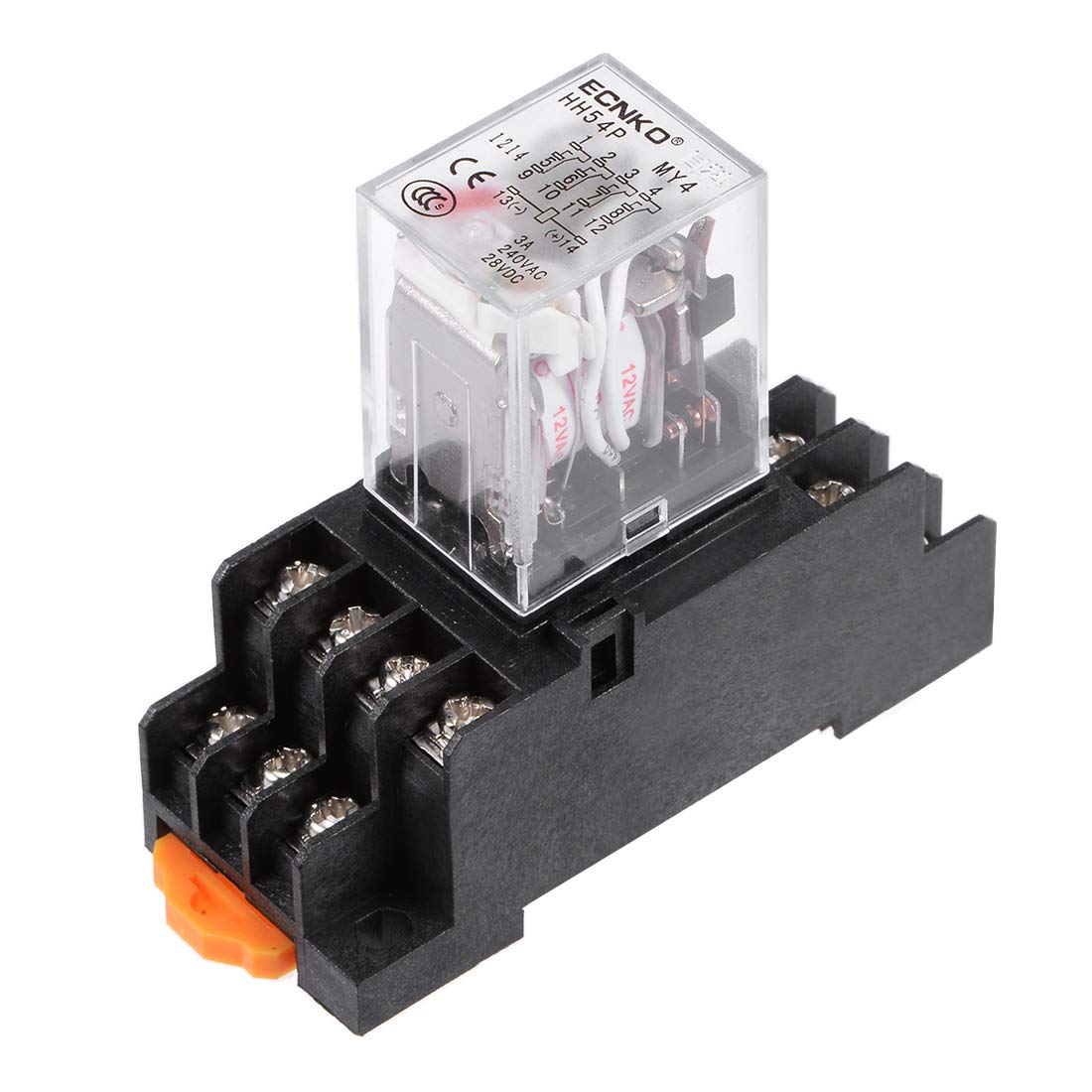 Electromagnetic Power Relay, HH54P AC 12V Coil DPDT 14 Pins Red Light Electromagnetic Power Relay + Socket
