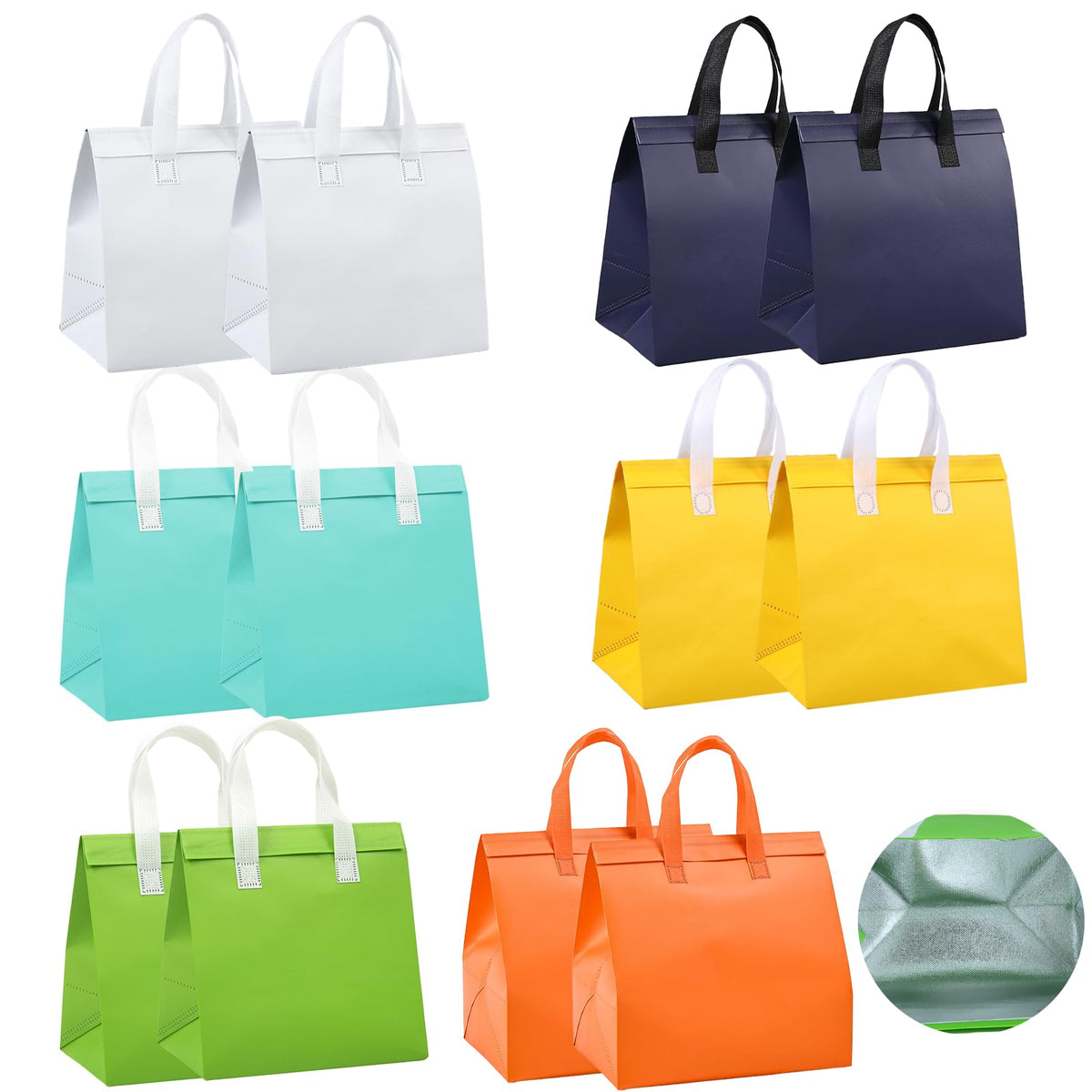 LinkMejor 12Pcs Insulated Take Away Bags Disposable Cooler Bag Thermal Lunch Grocery Take Out Bags for Coffee Milk Tea Hot Cold Drink Fresh Food Delivery (6 Colors)