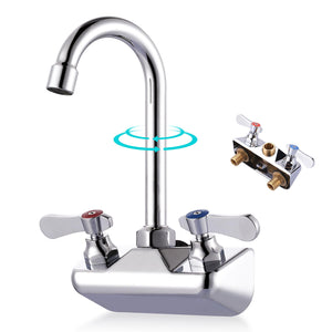 LinkMejor Commercial Hand Sink Faucet: 4" Center Wall Mount Kitchen Faucet with 3.8" Gooseneck Spout 360° Swivel, 2 Hole & Dual Lever Handles, Brass Constructed Chrome Polished, for Laundry Farmhouse