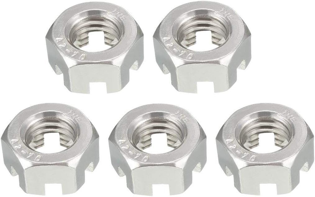 M10 x 1.5mm Pitch Hexagon Castle Nut, 304 Stainless Steel Slotted Hex Nuts, Pack of 5