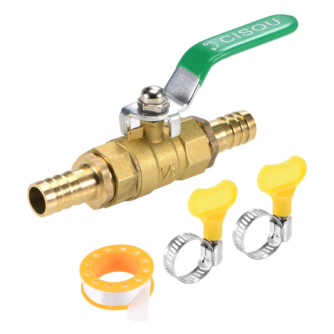 Ball Valve Shut-off Valve, 14mm Hose Barb to 14mm Hose Barb, Pipe Tube Fittings, 90 Degree Operation Handle, Brass Valve with Hose Clamps and Thread Seal Tape, 1 Set