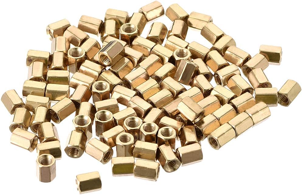 M3x6mm Female Threaded Standoff Spacer Brass Hex Coupling Nut, 100 Pcs