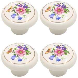 LinkMejor Keramik Handbemalte Schrankgriffe, [4er-Pack] Vintage Blumenbemalte Schrankgriffe und Griffe, Kücheneinrichtungsgriffe für Schrank/Kommode/Kleiderschrank/Kabine (Blumenweiß, 4 Stück)