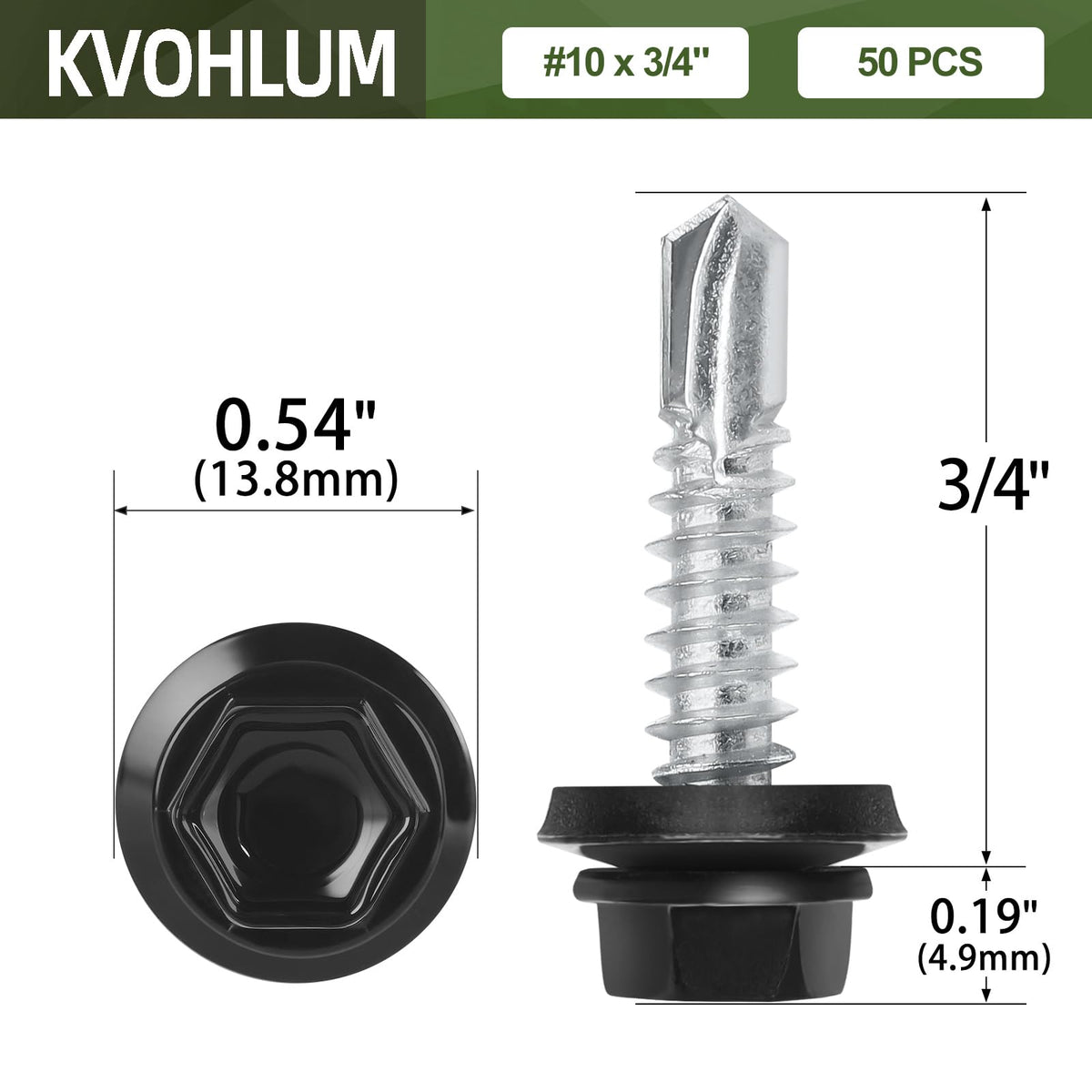 #10 x 3/4" (50 PCS) Black Metal Roofing Screws with Rubber Washer, Hex Head Self Tapping Screws for Metal, Self Drilling Sheet Metal Screw
