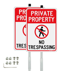 LinkMejor Large No Trespassing Sign Private Property Sign with 54" Stake for Outside - 2 Pack - 14"x10" .040 Rust Free Aluminum, Reflective, Waterproof, Weatherproof and Fade Resistant, 6 pre-drilled