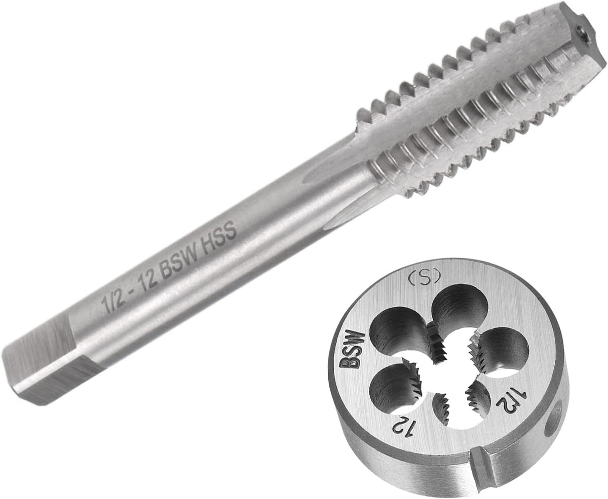 1/2-12 BSW Machine Tap and Die Set,Right Hand Thread Tap Round Die 4 Flutes HSS Taper Silver Tone (2Pcs)