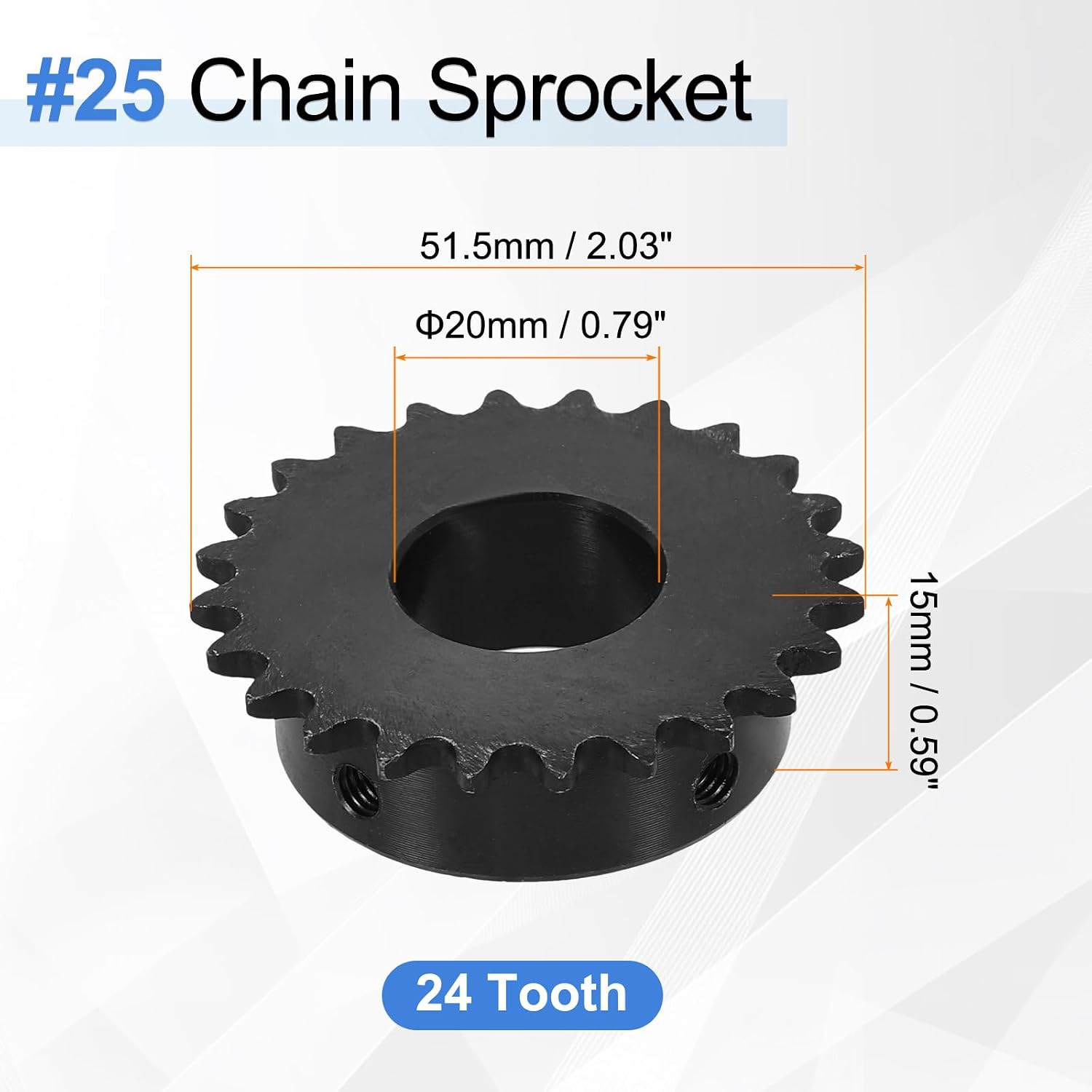#25 Chain Roller Sprocket 20mm Bore 51.5mm OD, 24 Tooth C45 Carbon Steel ANSI #25 Roller Sprocket Round Hole with Set Screws for ISO 04C Chain, Black