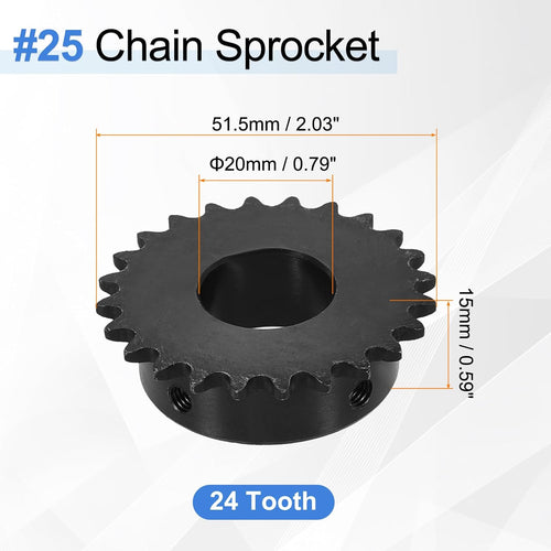 #25 Chain Roller Sprocket 20mm Bore 51.5mm OD, 24 Tooth C45 Carbon Steel ANSI #25 Roller Sprocket Round Hole with Set Screws for ISO 04C Chain, Black