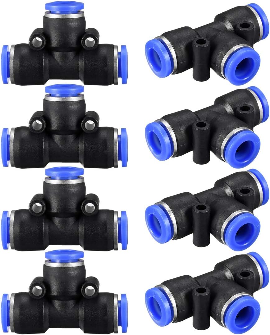 Plastic Tee Push To Connect Tube Fittings 8mm or 5/16" OD Push Lock Blue 8pcs