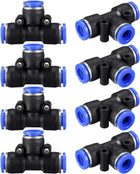 Plastic Tee Push To Connect Tube Fittings 8mm or 5/16" OD Push Lock Blue 8pcs