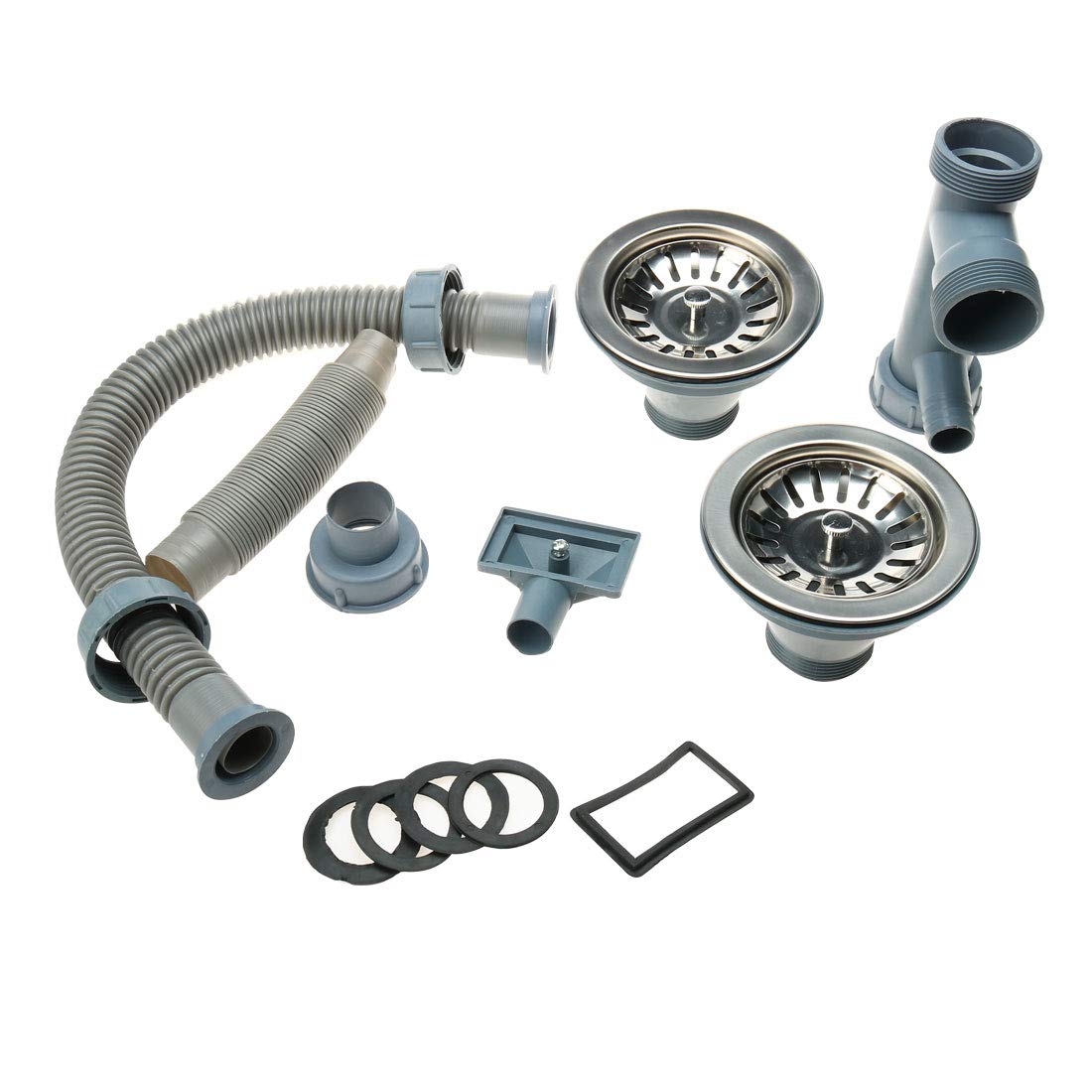 Bathroom Double Sink Basin Drain Hose Pipe w Strainers Stopper Set