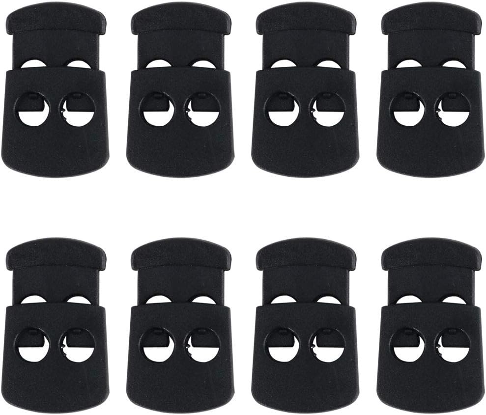 LinkMejor 8pcs Plastic Cord Lock Stopper Clip End Spring Stop Double Hole Toggle Fastener Stopper Rope End for Drawstring Clothing, Shoelace, Camping Black