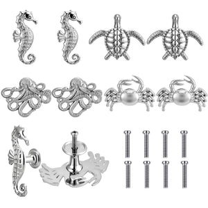 LinkMejor 8 Pcs Coastal Nautical Cabinet Knobs, Beach Ocean Themed Drawer Knobs, Sea Turtle Crab Seahorse Octopus Cabinet Pulls & Handle, Metal Knob for Dresser Cupboard Wardrobe (Silver, Classic