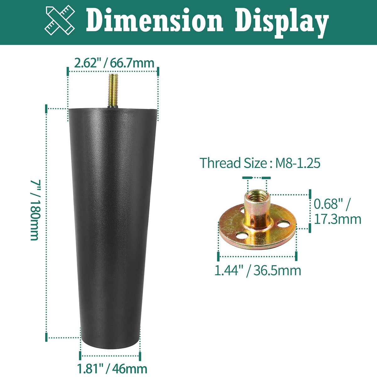 LinkMejor 4pcs Gambe di Sedia in Plastica 7" con Viti a Plate, M8-1.25 Filo