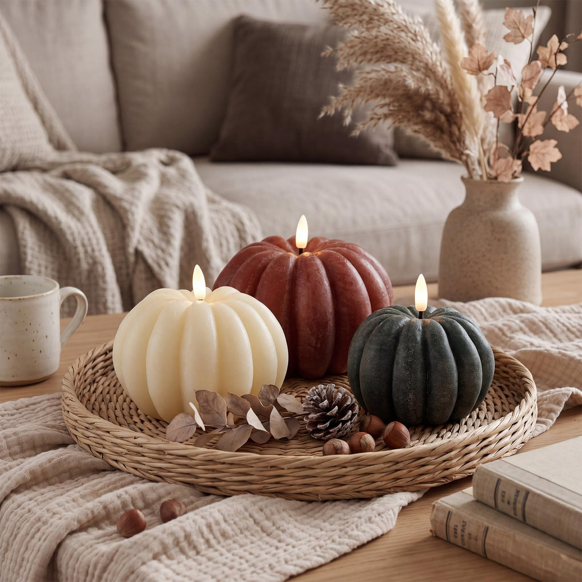LinkMejor 3 PCS Fall Pumpkin Flameless Candles