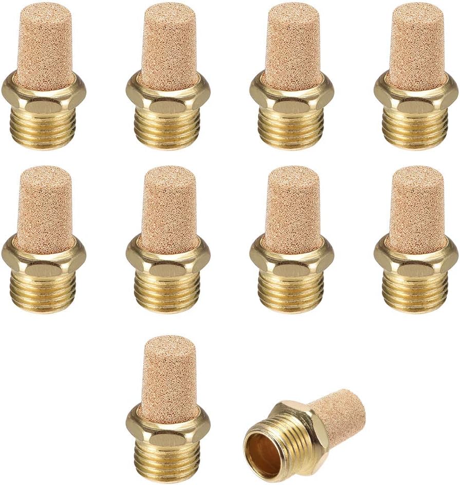 Brass Exhaust Muffler, 1/4" PT Male Thread 19/32" Hex Sintered Air Pneumatic Bronze Muffler with Brass Body Protruding 10pcs