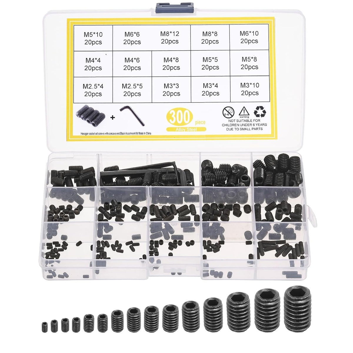 300Pcs Set Screws Assortment Kit, M2.5/3/4/5/6/8 Carbon Steel Metric Allen Head Socket Hex Grub Screws Cup-Point Screw Kit with Wrench for Bathroom Fixtures, Door Handles