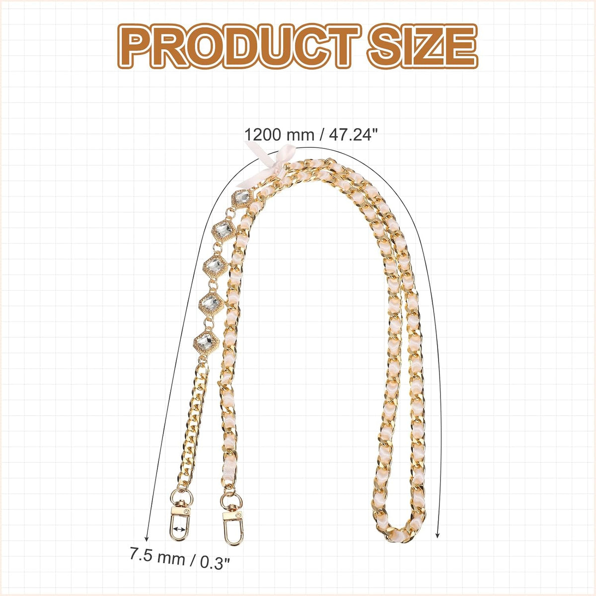 1PCS 47.2" Metal Purse Chain Straps, Jewel-Shape Chain Extension Decorative Strap, Women Bag Charm Replacement for Handbag, Wallet, Shoulder Crossbody Bags, Pink