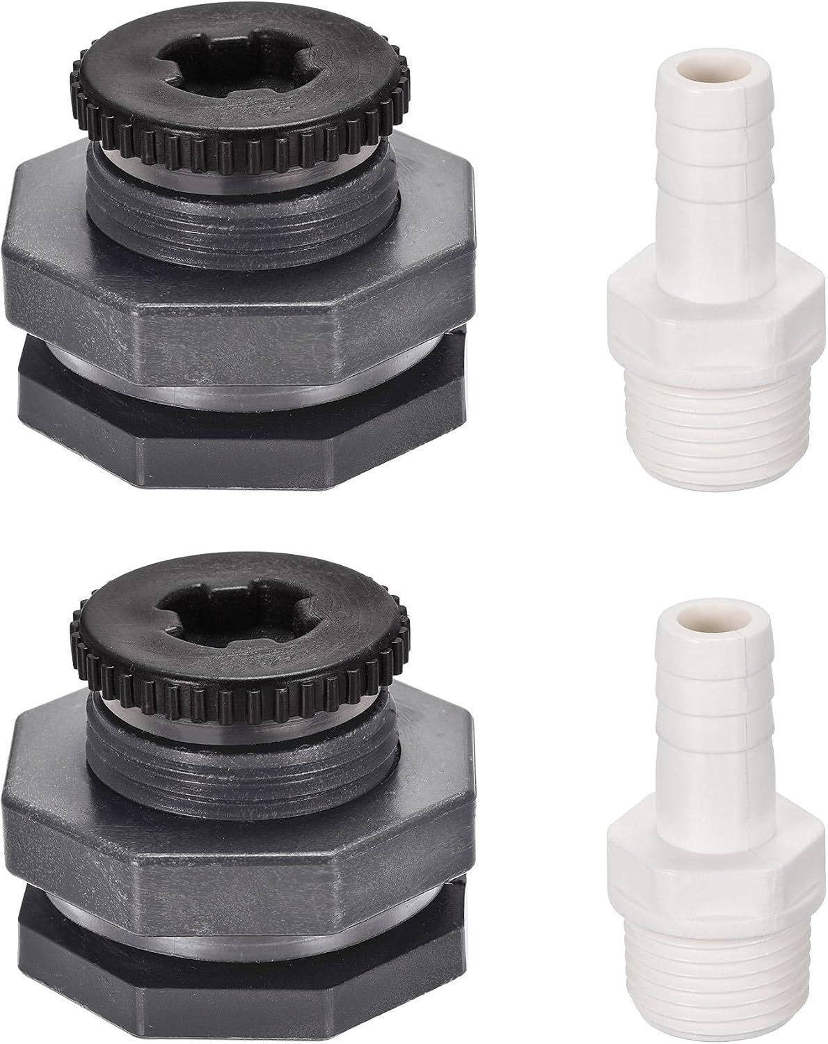 PVC Bulkhead Tank Adapter G1/2 Thread with Plug and 16mm OD Barbed Pipe Fitting for Rain Buckets Water Tanks 2 Set