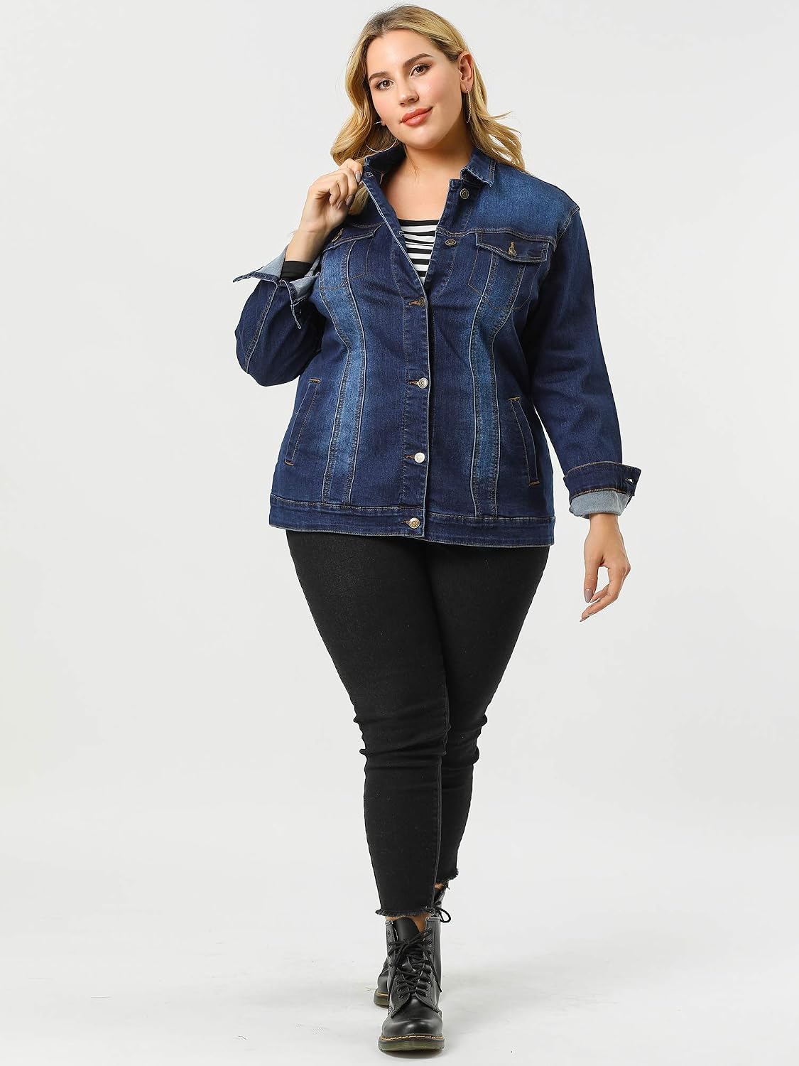 Kvinnors plusstorlek jeansjacka stickade knappar fram tvättad västerländsk outfit denimjacka