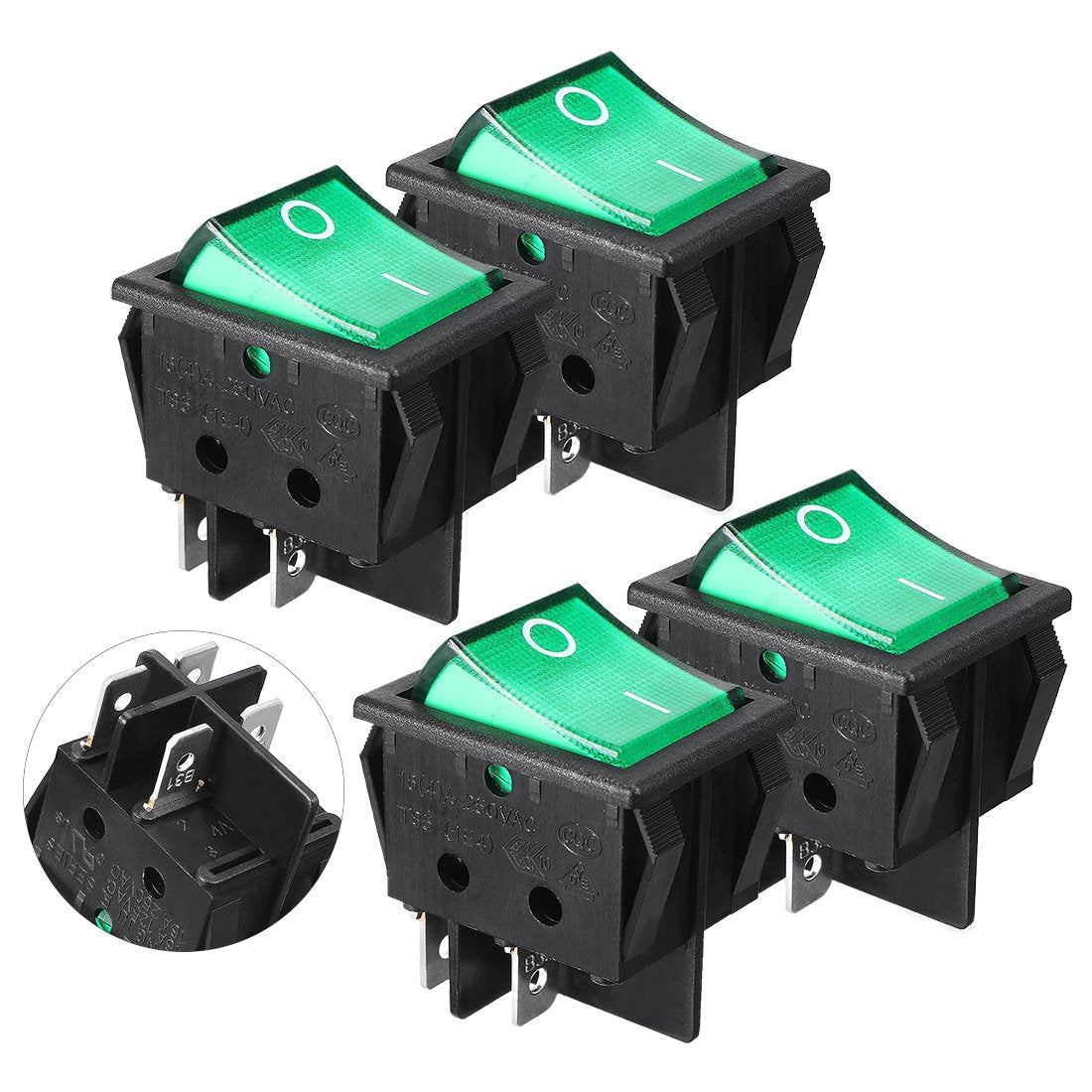 Mini 4P DPST Snap in Plastic Car Rocker Switch w Green Lamp AC 250V 16A UL Listed 4Pcs