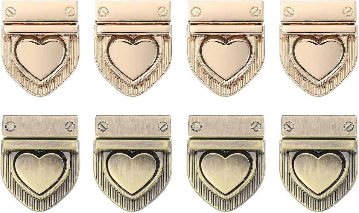 LinkMejor 8Set Turn Lock Clasp Kit, Heart Press Lock Clasp Closure Twist Turn Locks Hardware Buckle Fasteners for Purse Leather Making (28x32mm, Gold,Bronze)