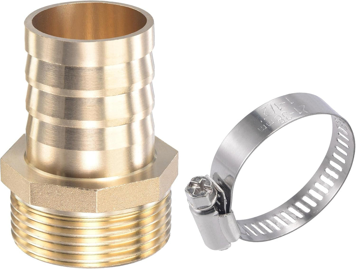 Brass Hose Barb Fitting Straight 32mm x G1-1/4 Male Thread Pipe Connector with Stainless Steel Hose Clamp, Pack of 1
