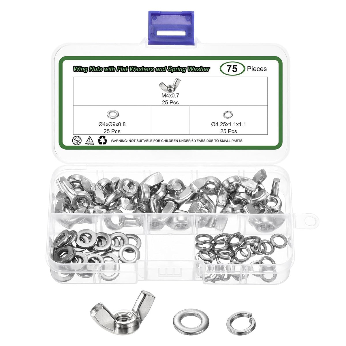 25 Set Wing Nut and Flat Washers Spring Washers, M4x0.7mm 304 Stainless Steel Butterfly Wing Nuts Hand Tighten Wing Nuts for Machinery Electronic Equipment