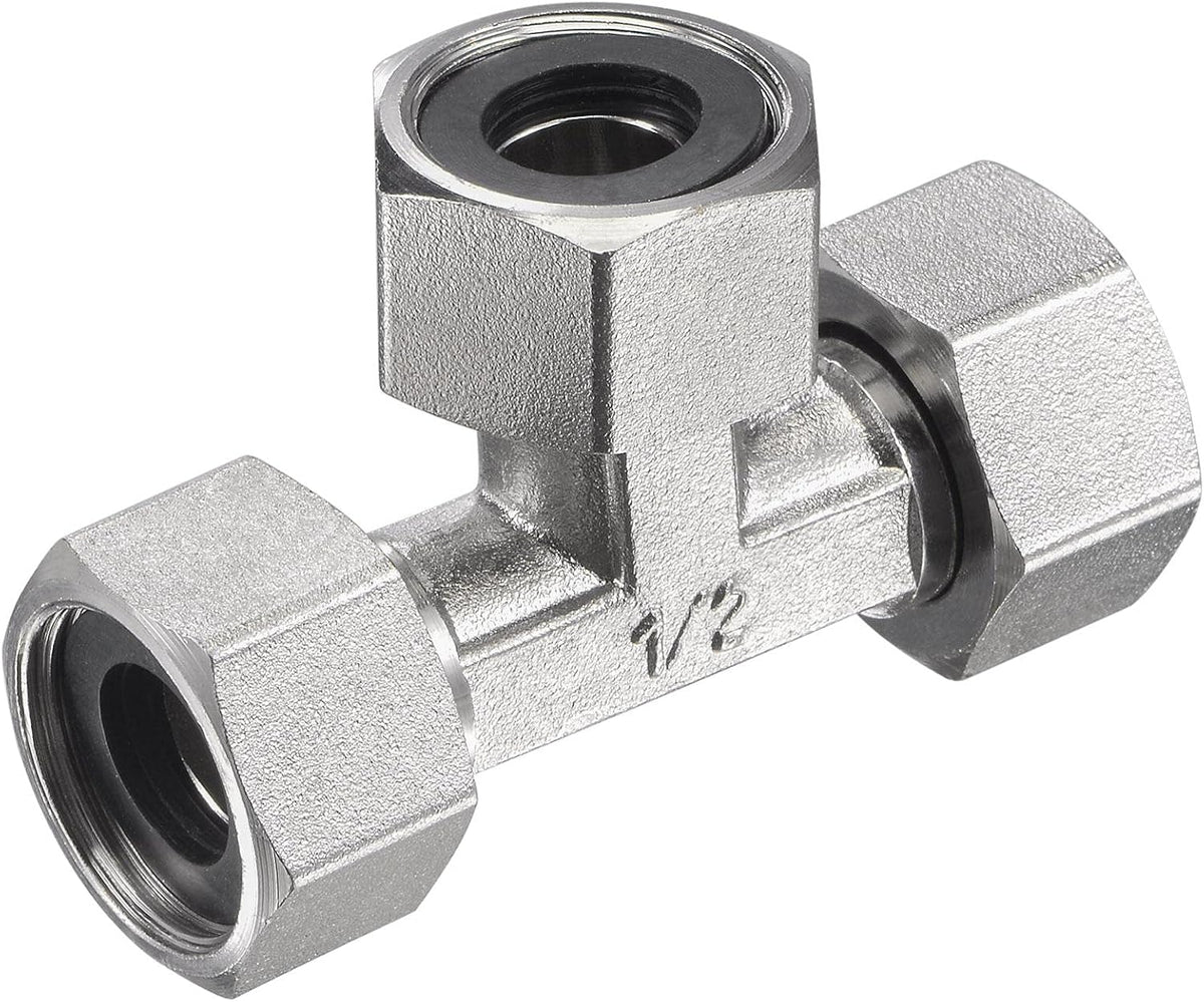 Pipe Fitting Tee G1/2 Female Thread 3 Way T Shape Swivel Nut Hose Connector Adapter, Nickel-Plated Copper