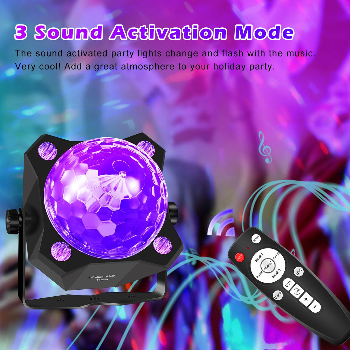LinkMejor 2 in 1 Glow Party Black Light Disco Ball Light with Sound Activated Strobe Dj Party Lights Black Lights, for Halloween Christmas Birthday Decor Classroom Room Family Party Decor