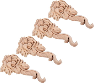 4pcs Rose Shape Wood Appliques Onlays Decorative Wood Carved Appliques for Furniture Bed Door Fireplace Decoration, 10.5cm Length
