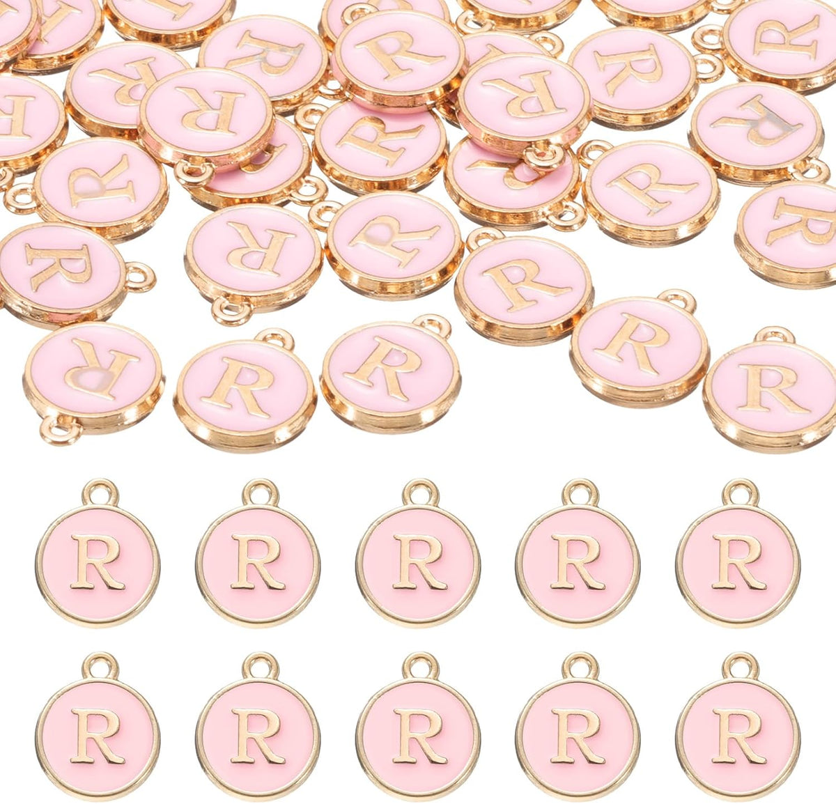 LinkMejor 52pcs Letter Charm, Enamel Letter Pendants, Alphabet R Pendants Double Sided Beads Charm for DIY Bracelet Necklace Pendants Earring Jewelry, Pink