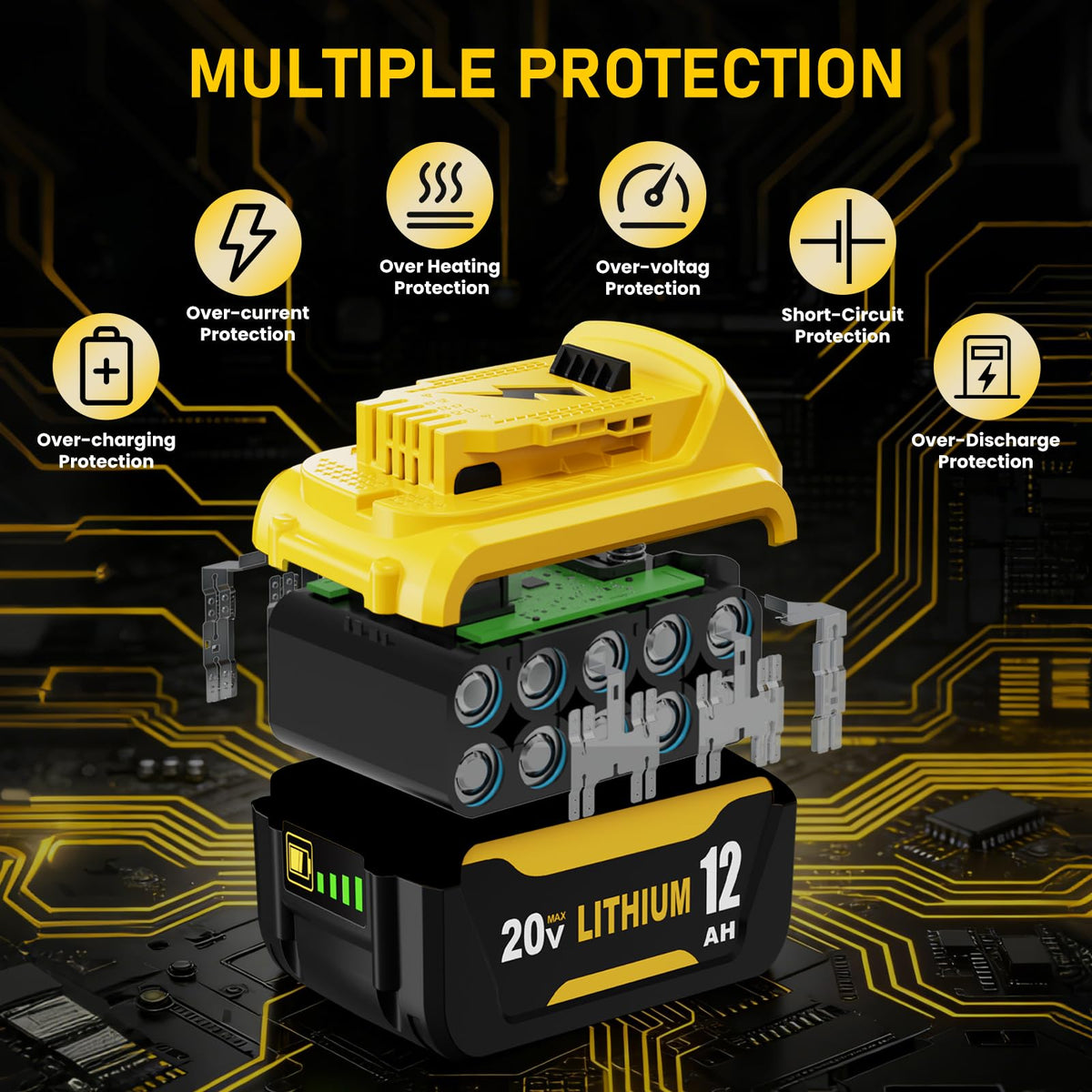 1-Pack 12Ah DCB208 Bateria de Substituição para Bateria Dewalt 20V DCB207 DCB206