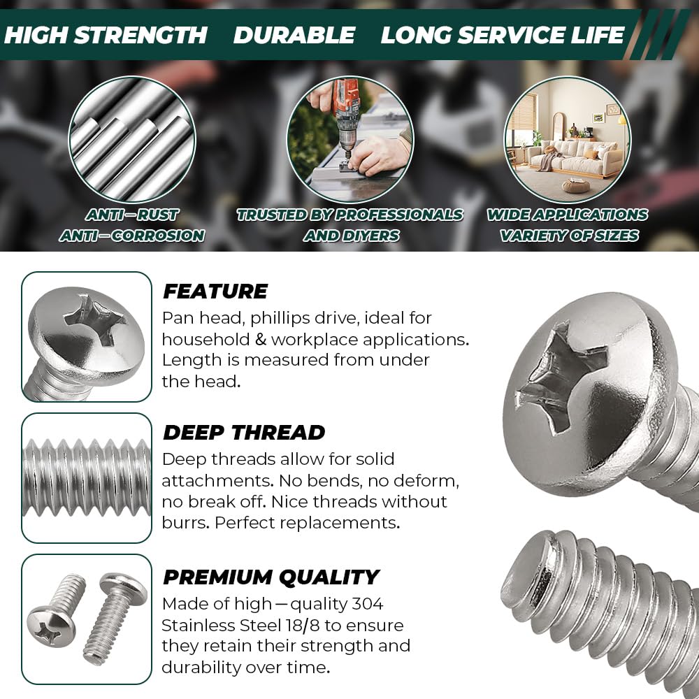 #10-24 x 2 Stainless Pan Head Machine Screws 25 Pcs, 18-8 (304) Stainless Steel Phillips Drive Pan Head, Full Thread, Bright Finish, No Coating, LinkMejor (with Double End Screwdriver Bit)