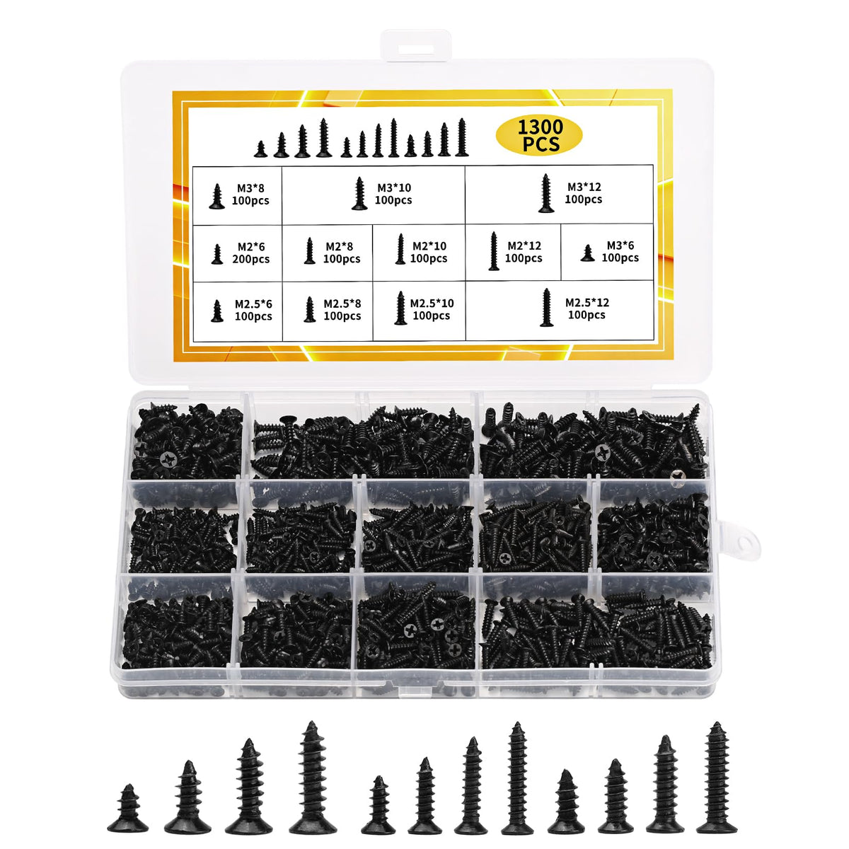 1300 Pièces Kit Vis à bois noires - M2 M2.5 M3 Tête plate auto-forante