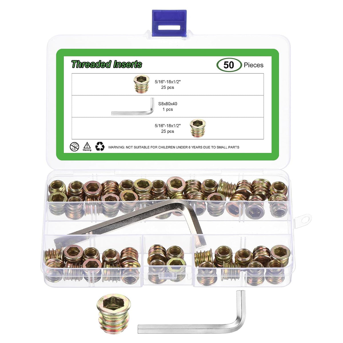 50Pcs 5/16"-18x1/2 Zinc Alloy Hex Socket Drive Screw-in Nut Threaded Inserts with 1Pcs M8 Hex Wrench, Wood Inserts Bolt Assortment Kit for Wood Furniture