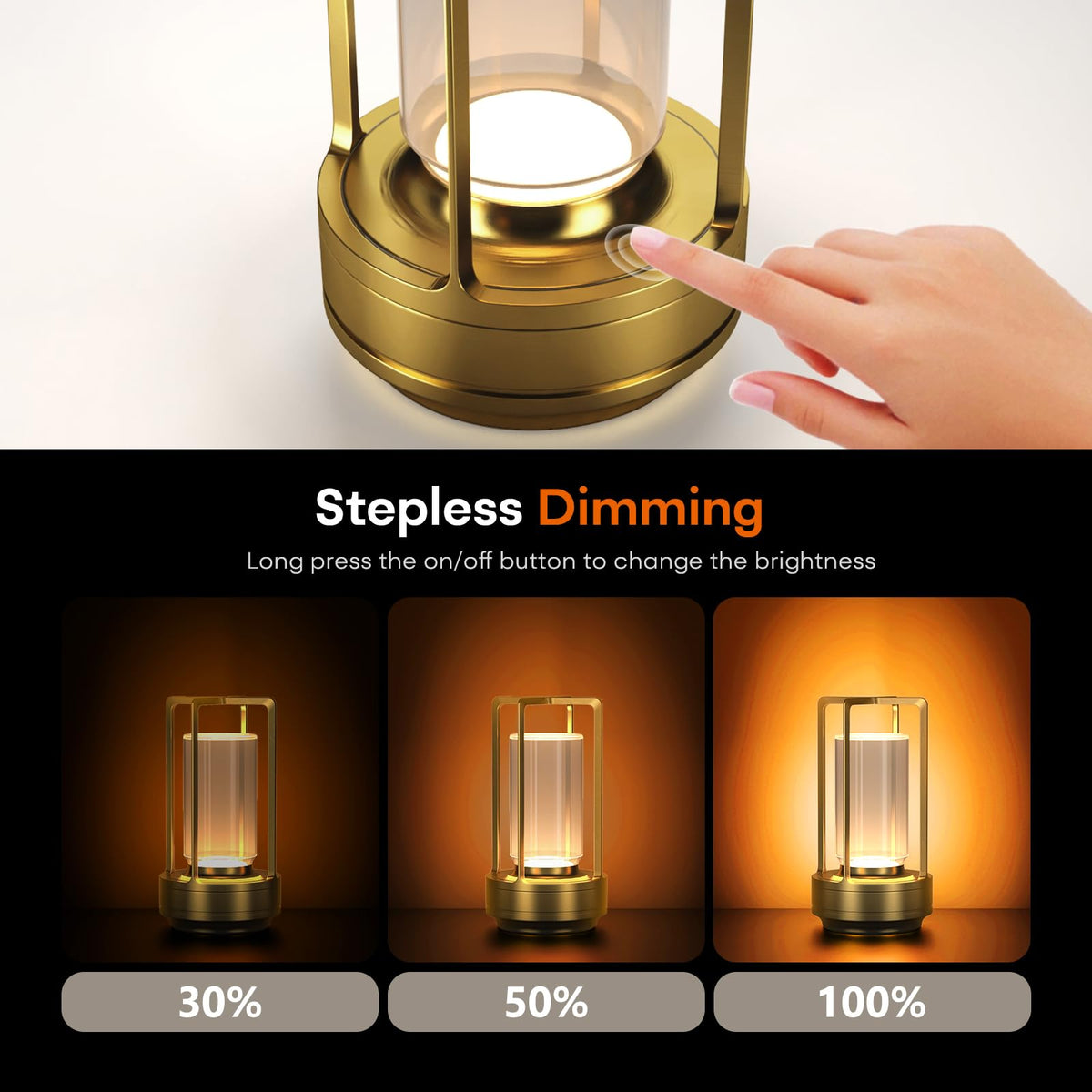 Rechargeable Cordless Small Metal Table Lamp, Stepless Dimming, 3-Color