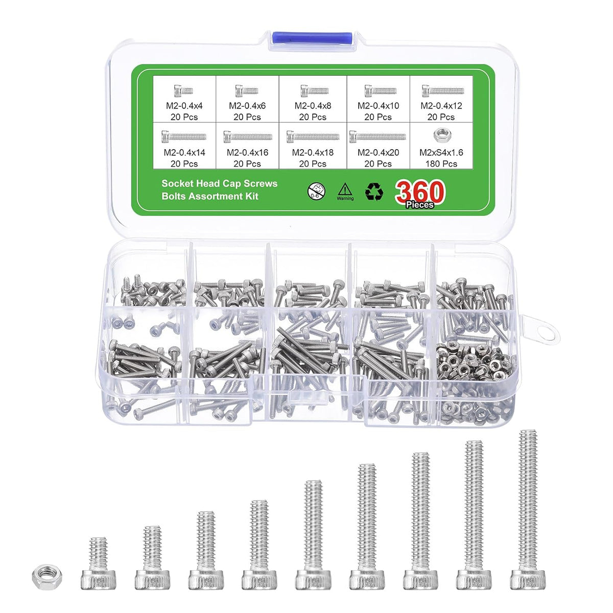 Hex Socket Bolts Kits (M2), 304 Stainless Steel Hex Socket Drive Screw, Silver Tone
