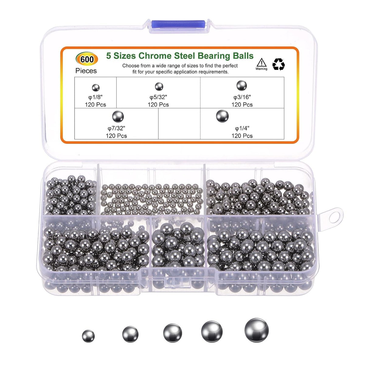 600pcs G10 Precision Balls Assortment Kit 1/8" 5/32" 3/16" 7/32" 1/4" Chrome Steel Solid Bearing Balls