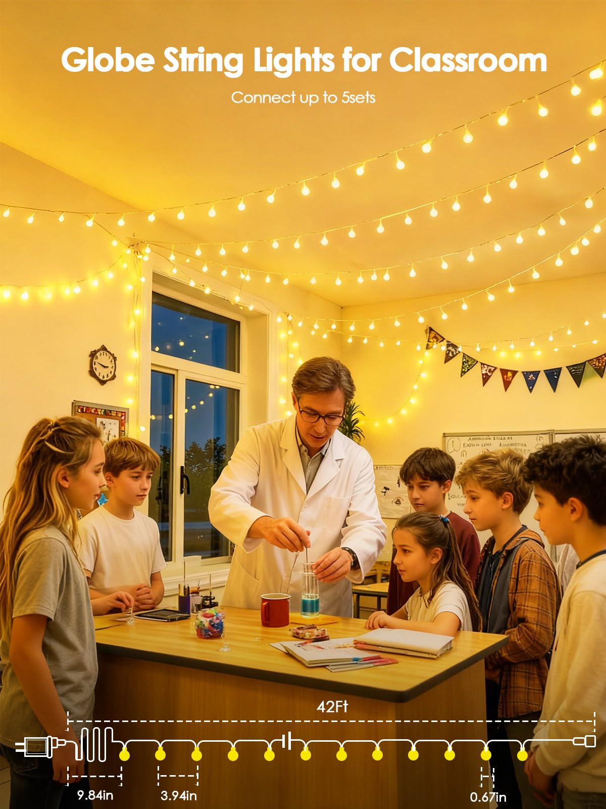 LinkMejor Connectable 43FT 100LED Globe String Lights Indoor, Classroom Light