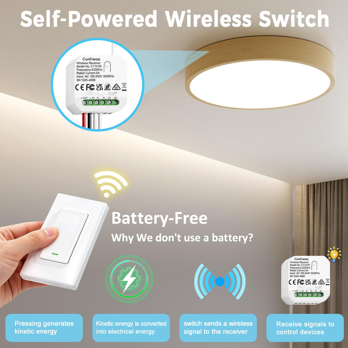 Blocco ricevitore per interruttore a luce wireless, interruttore a 3 vie per lampade