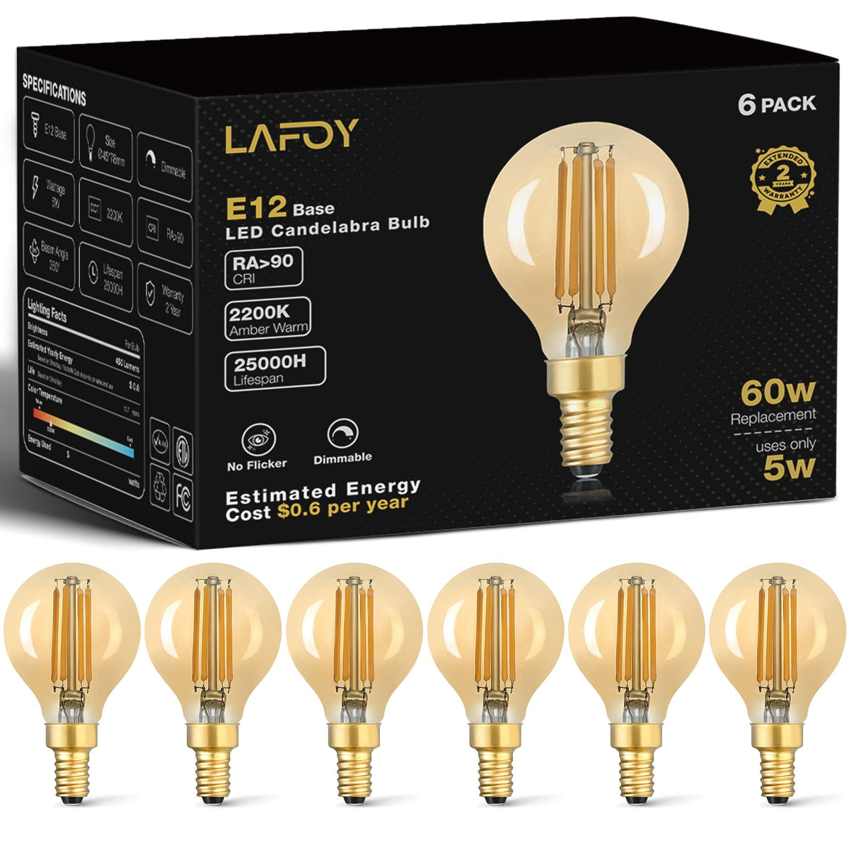 Amber Globe Chandelier LED Bulbs, Dimmable E12 Candelabra 60 Watt 6 Pack
