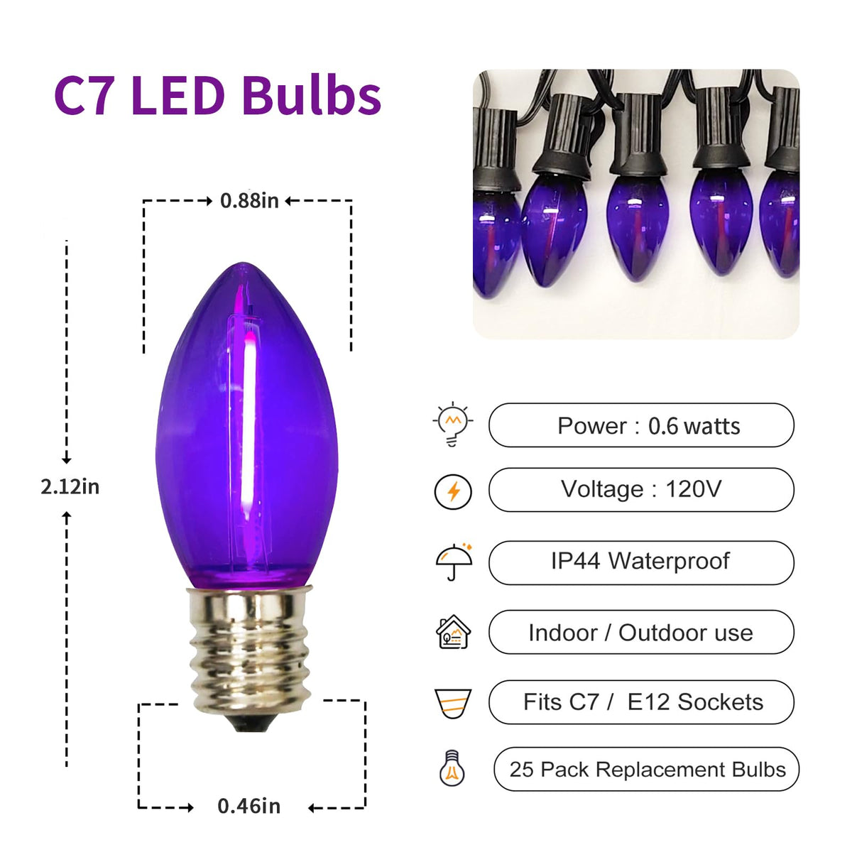 LinkMejor 12PK C7 LED Replacement Bulbs, 0.6W Violetto, Base Candela E12