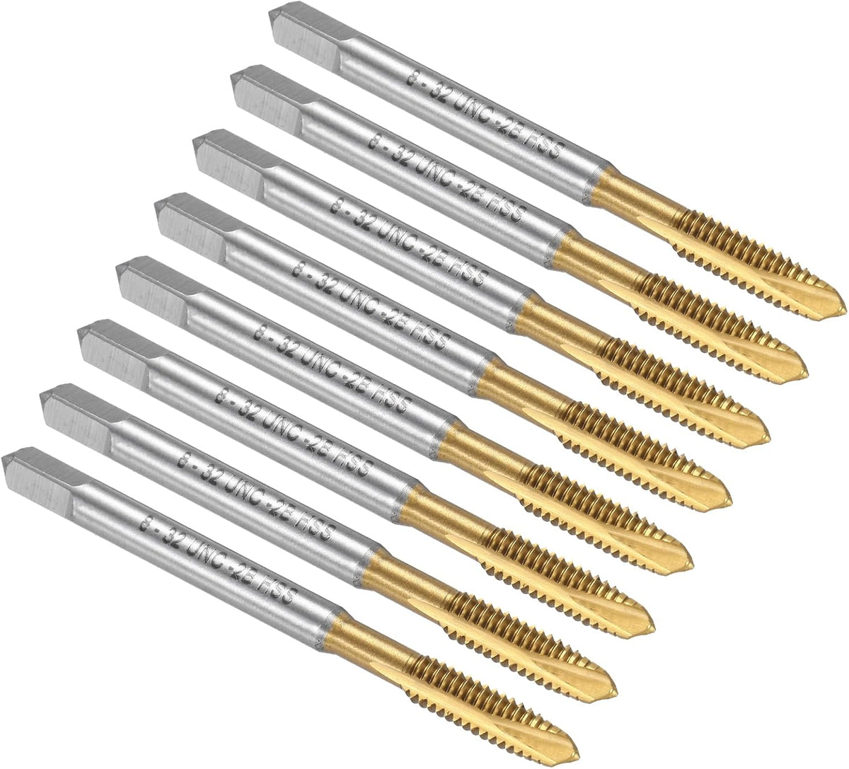Spiral Point Plug Threading Tap 8-32 UNC Thread, Ground Threads H2, High Speed Steel 6542, Titanium Coated, Screw Taps Tapping Bit for Thread Repair, 8pcs