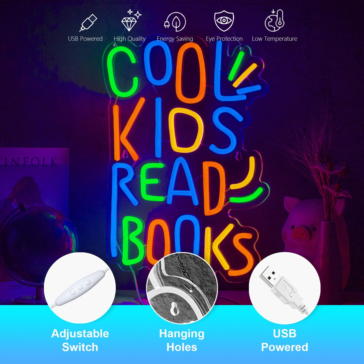 Cool Kids Read Books Neon Sign Kids Read Books Neon Signs for Wall Decor Read Books USB Dimmable LED Lights for Student Suitable for Classroom Bookstore Library Museum Study Room Gift for Teen Boys