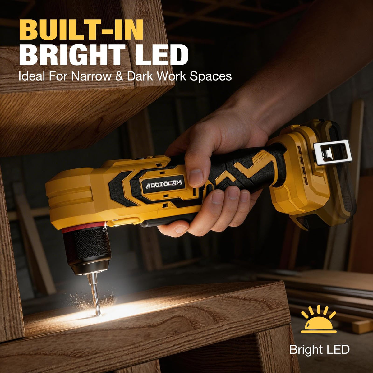 Brushless Right Angle Drill for DeWalt 20V Battery (Tool Only), 3/8" Cordless Angle Drill with Compact Design & Variable Speed, featuring an LED Light for Screws/Drilling