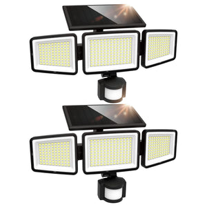 LinkMejor Lumières Solaires Extérieures 302 LED 3000LM, Capteurs de Mouvement IP65 Étanches, Lumières de Sécurité Solaires à 3 Têtes avec Angle de Luminosité Large de 270° et 3 Modes pour Jardin Patio Jardin - 2 Pack